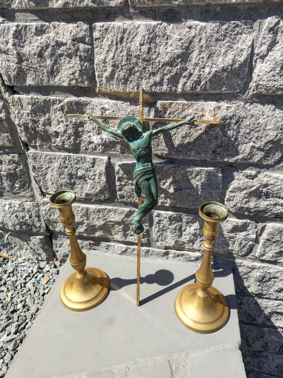 Koperen kruis en kandelaars / bronzen Jezus beeld, Ophalen of Verzenden