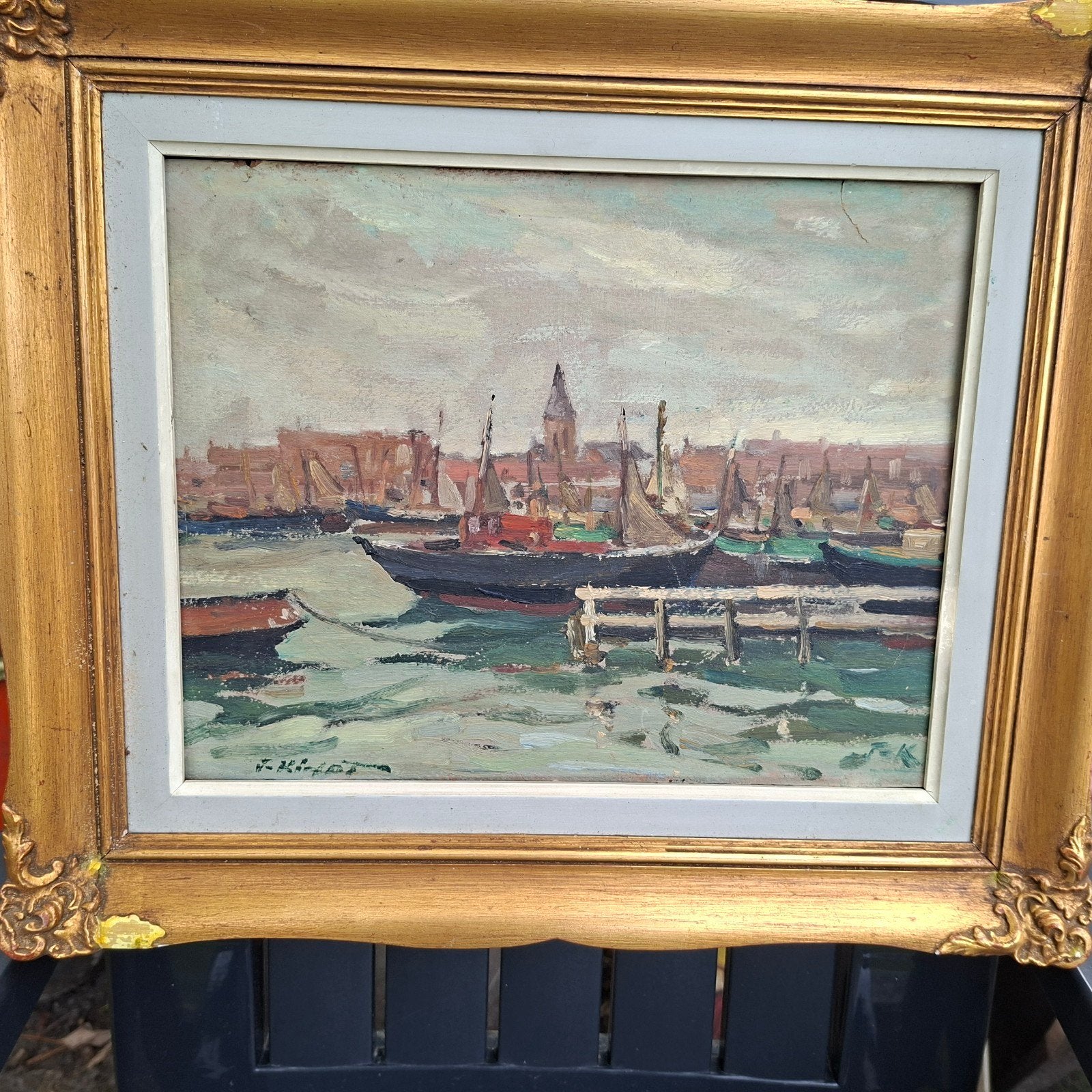 Zeebruges Joseph Kinot 1960, Antiquités & Art, Art | Peinture | Classique, Enlèvement ou Envoi, Encadré, Technique mixte, Classique