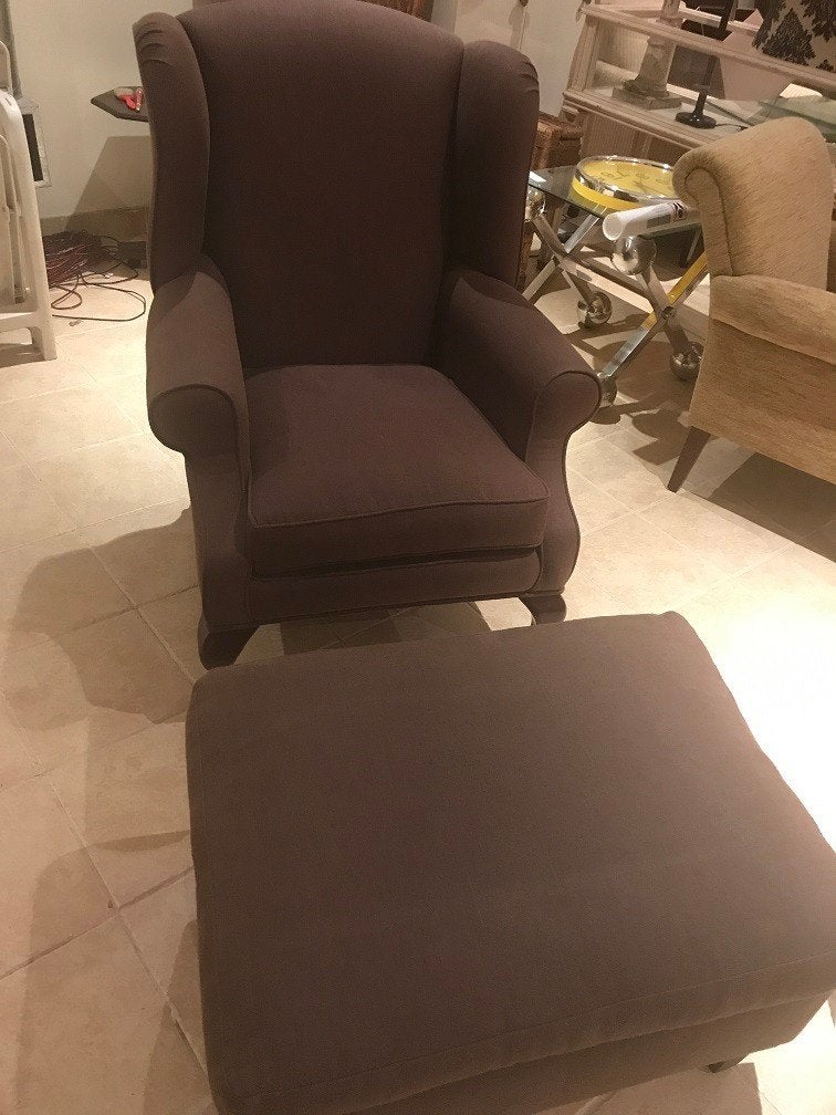 Stoffen fauteuil - oorfauteuil zetel met voetenbank flamant, Antiek en Kunst, Ophalen