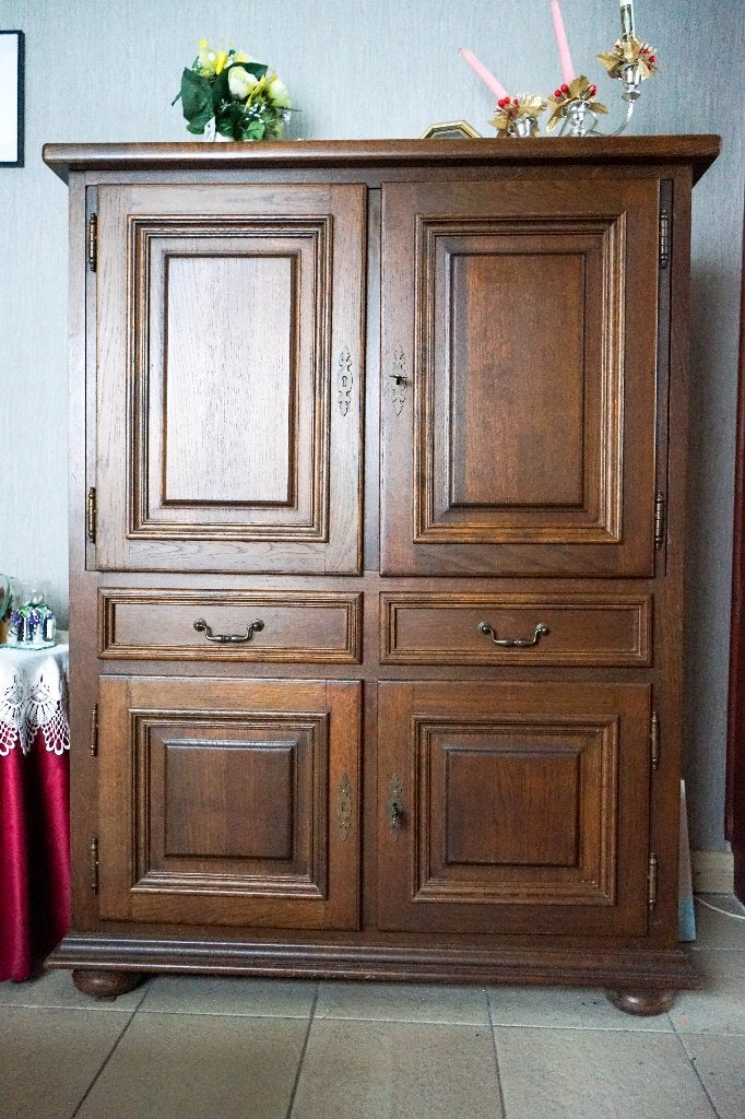 Eiken TV kast met uitschuifbaar platform, Ophalen, 100 tot 150 cm, 100 tot 150 cm, Eikenhout