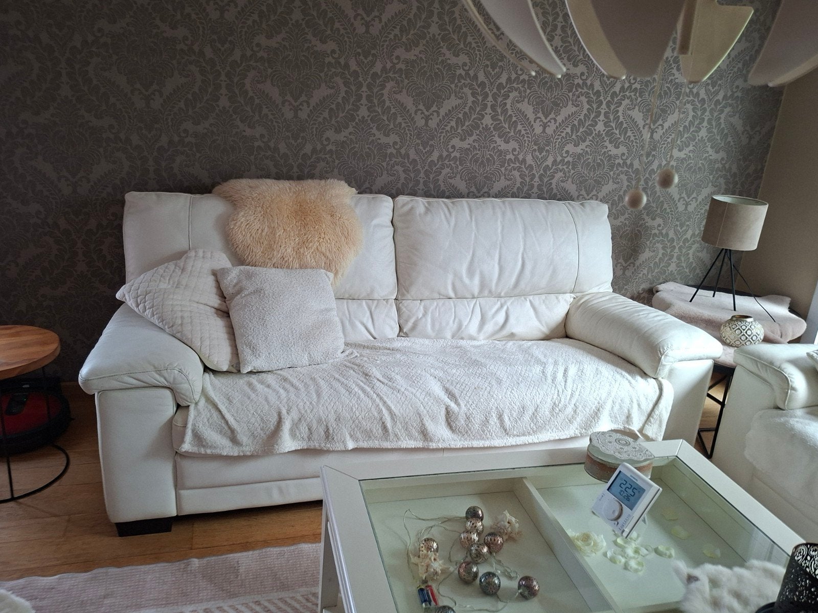 salonzetel 3 zit wit  leder te koop en salontafel, Huis en Inrichting, Ophalen