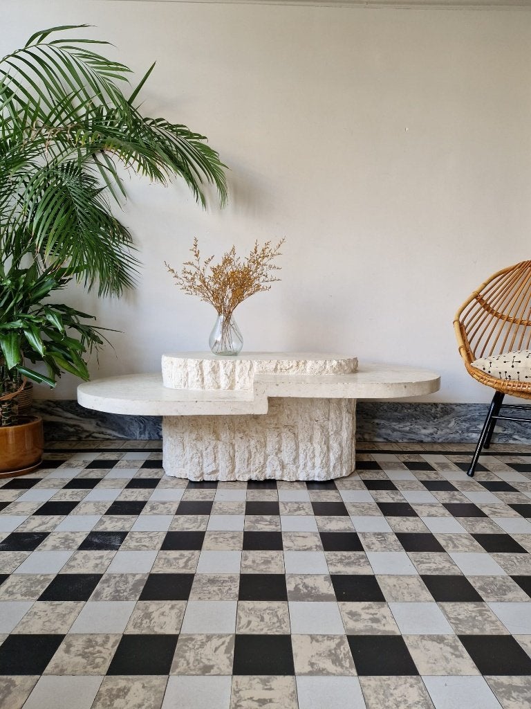 Vintage midcentury salontafel | mactan stone | coffee table, Ophalen, Gebruikt, 100 tot 150 cm, Vintage