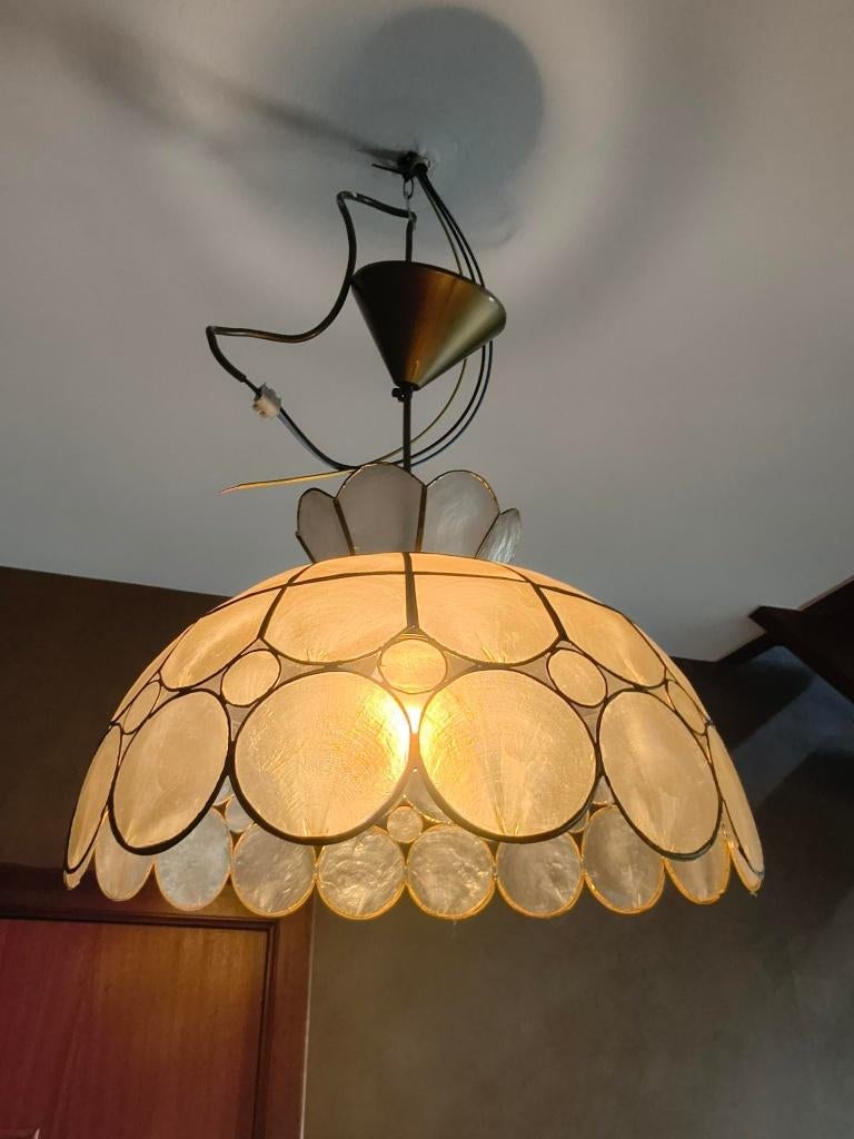 Lustre Vintage en Nacre (Capiz) -  Style Boho / Années 70, Maison & Meubles, Lampes | Lustres, Comme neuf, Métal, Autres matériaux