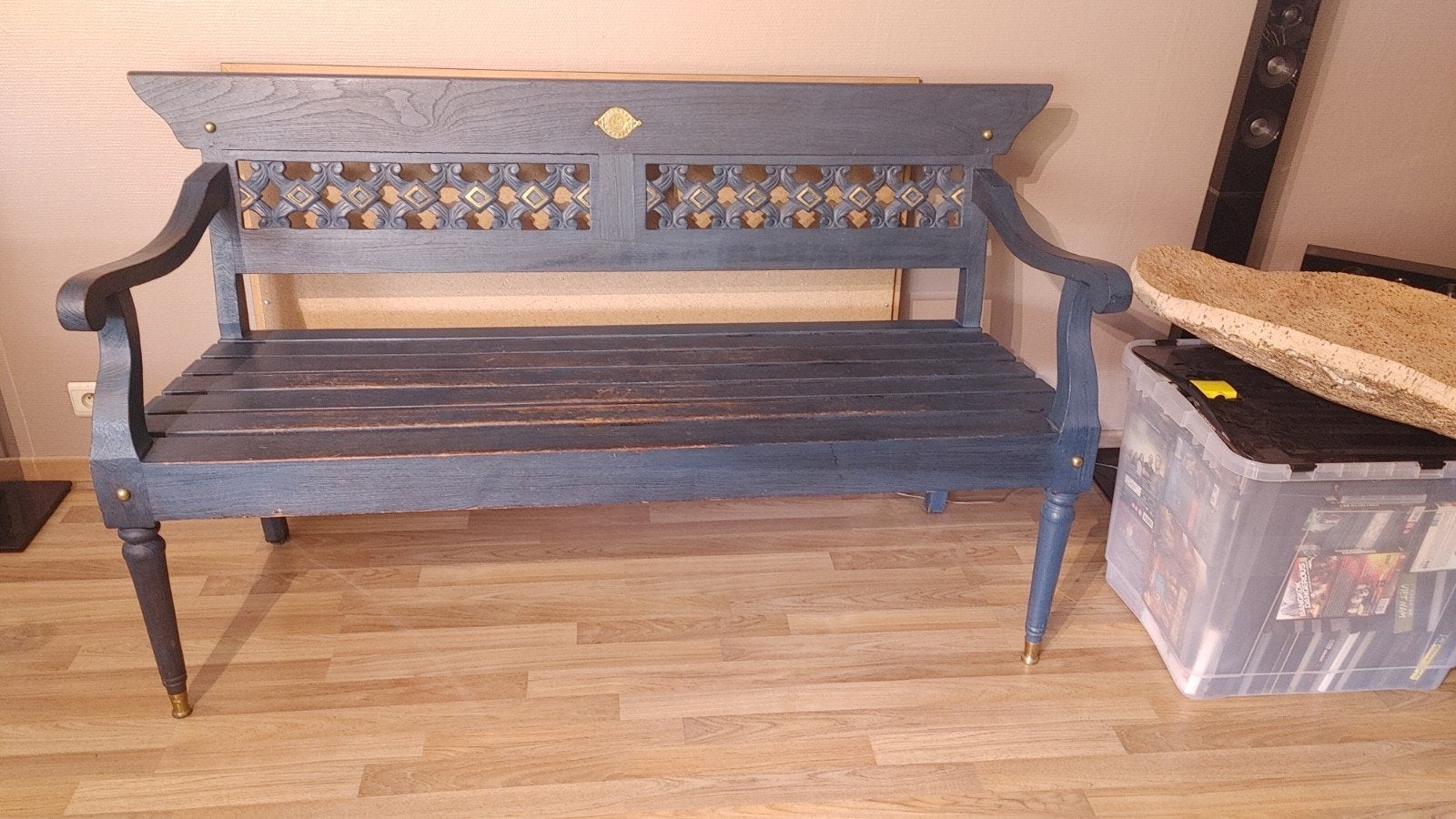 banc + 1 chaise en teck Vintage teinté bleu, Jardin & Terrasse, Enlèvement, Utilisé, Bois
