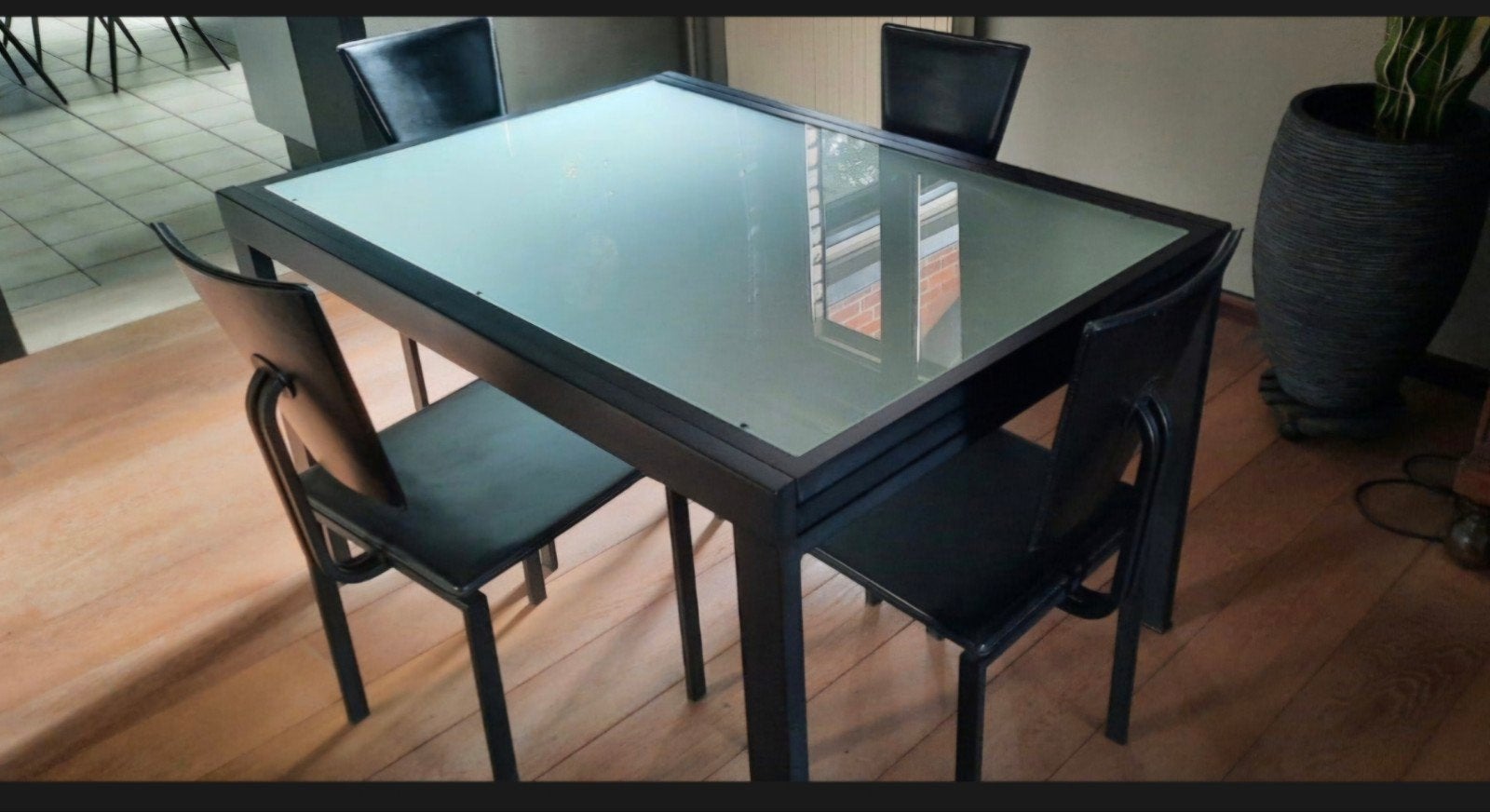Moderne Design Eettafel (Matglas/Antraciet) + 4 Echt Lederen, Tuin en Terras, Ophalen, Eettafel