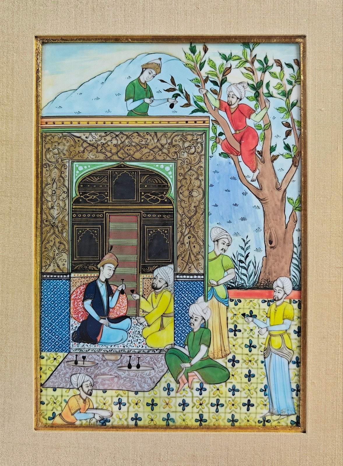 Perzische miniatuurschildering - Hofscène, 12cm x 17,5cm., Ophalen of Verzenden