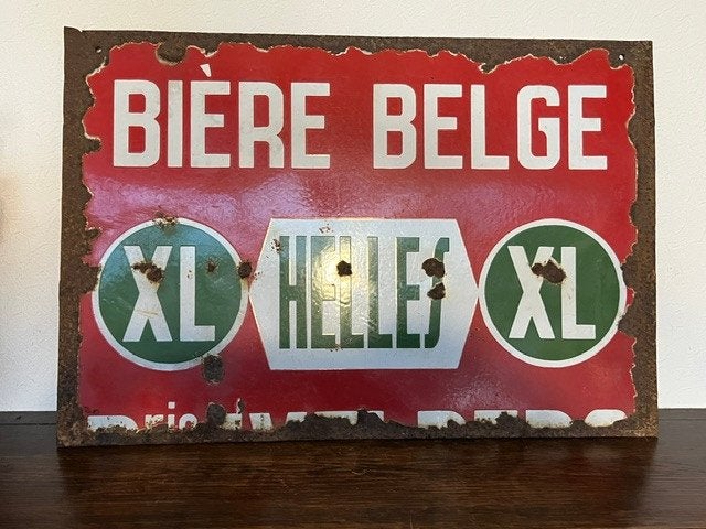 Plaque publicitaire ancienne émaillée bière Helles, Enlèvement