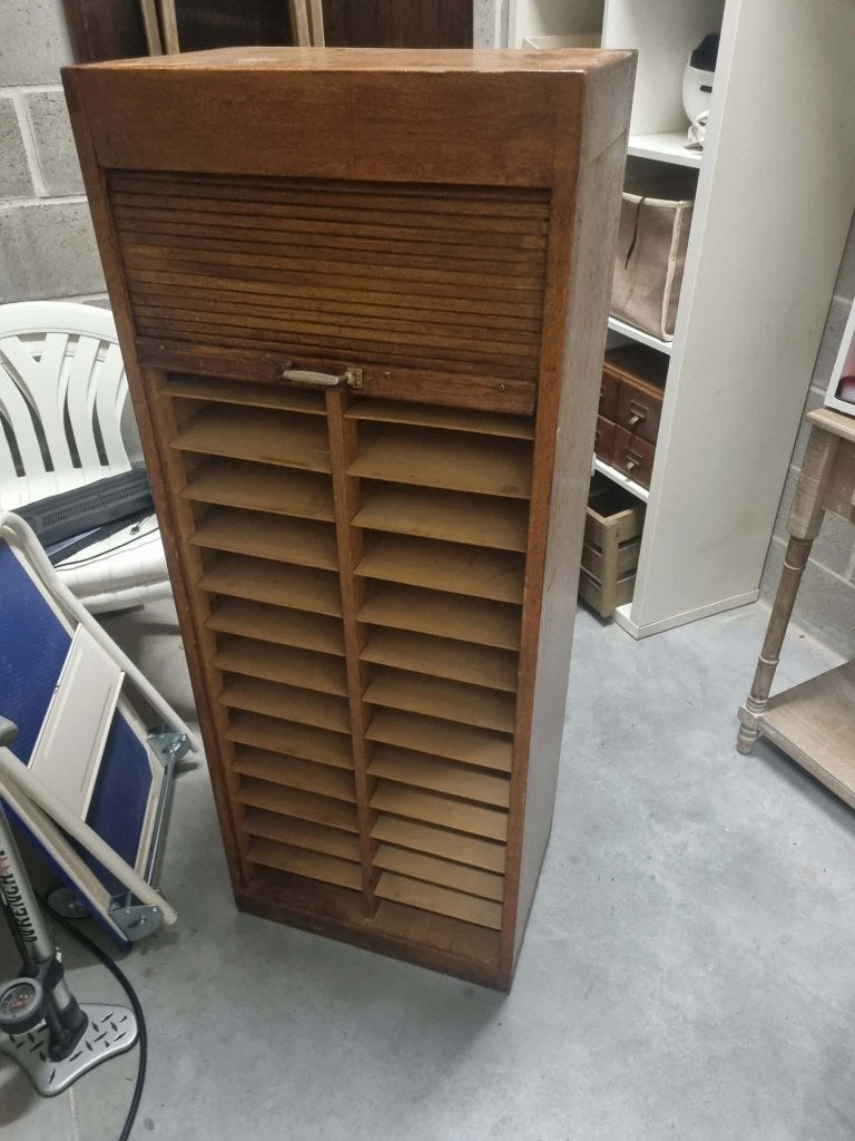 NPCharmant houten roldeurkastje,Vintage opknapper karakterNP, Ophalen, Gebruikt, 100 tot 150 cm, 50 tot 100 cm