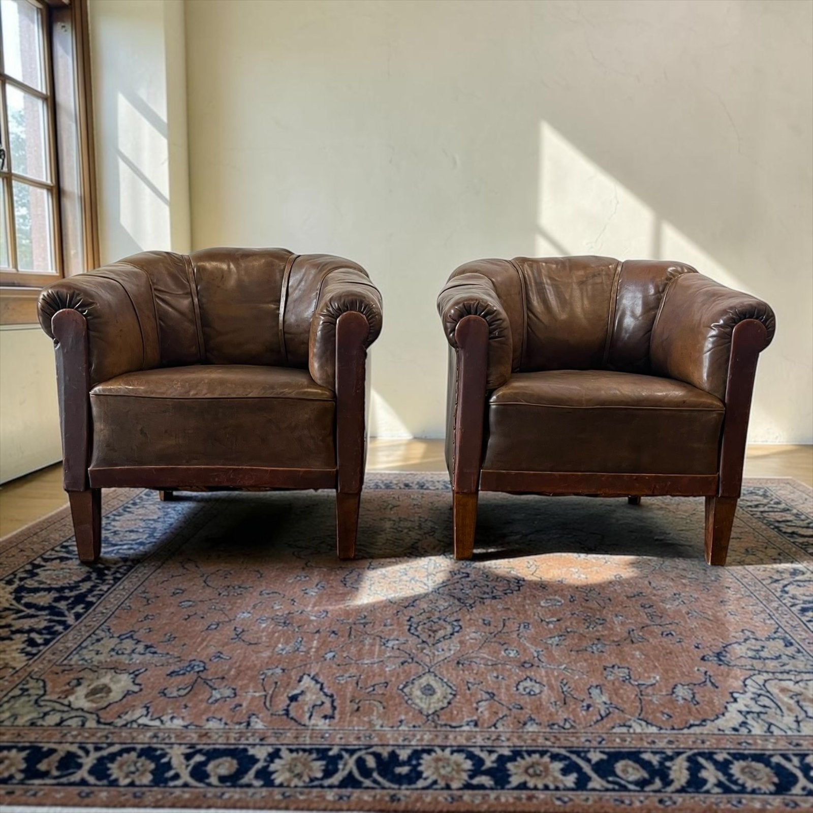 Set van 2 vintage art deco cognac leren fauteuils /eenzitten, Ophalen