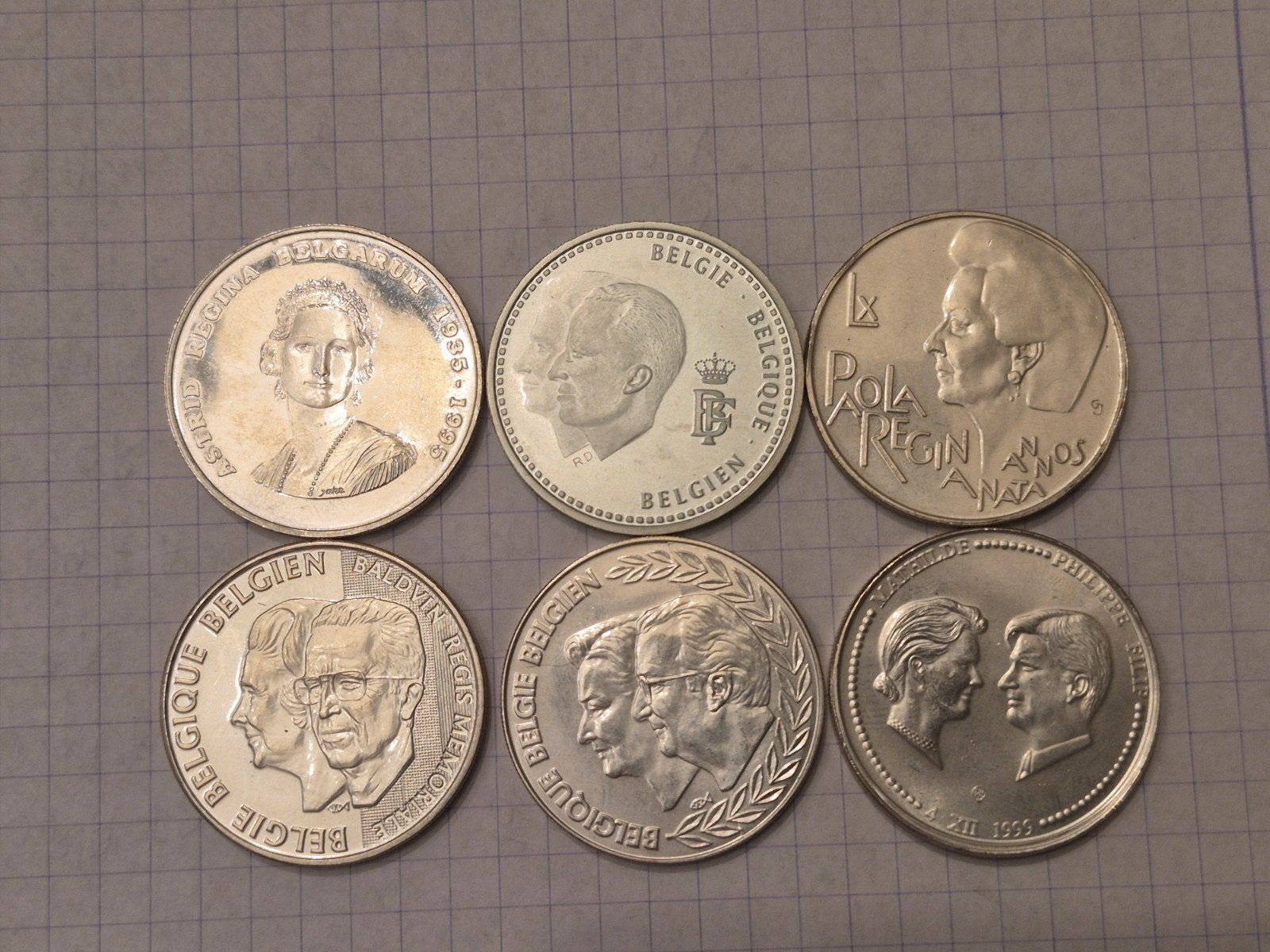 Zes zilver stukken van 250 frank van het koningshuis, Postzegels en Munten, Ophalen, Zilver, Setje, Zilver