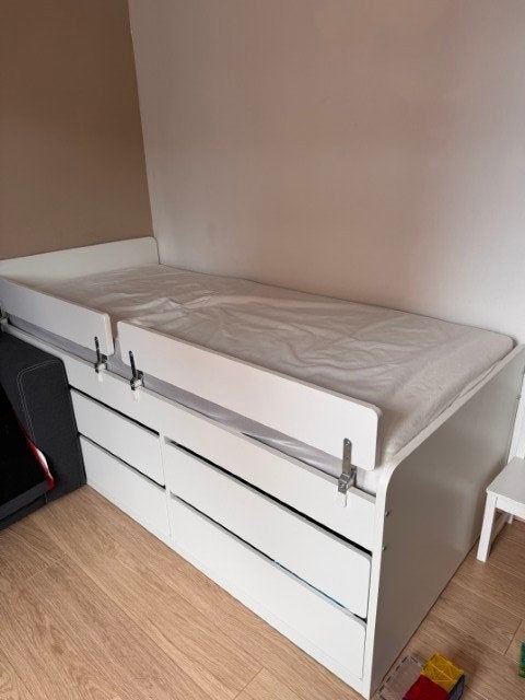 IKEA SLÄKT Bedframe m opsl+zijstn+lattenbodem, wit, 90x200cm, Ophalen, 85 tot 100 cm, Zo goed als nieuw, Lattenbodem