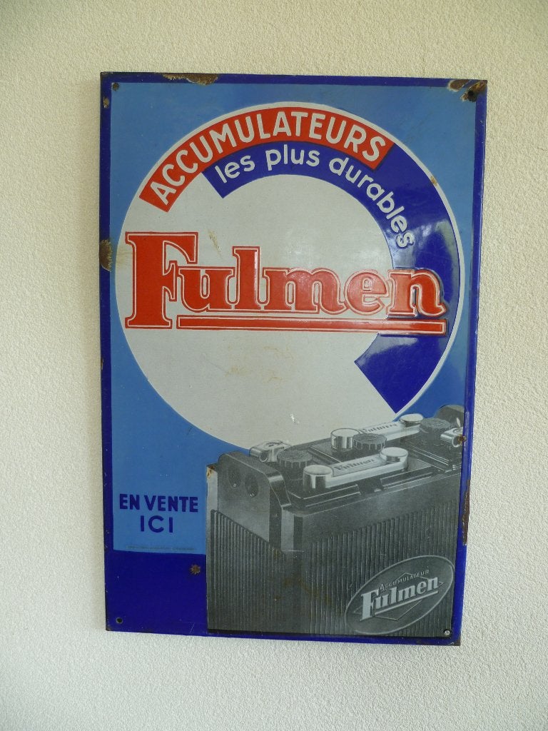 PLAQUE EN ÉMAILLE « ACCUMULATEURS FULMEN » DES ANNÉES 45-50, Enlèvement ou Envoi, Utilisé, Panneau publicitaire