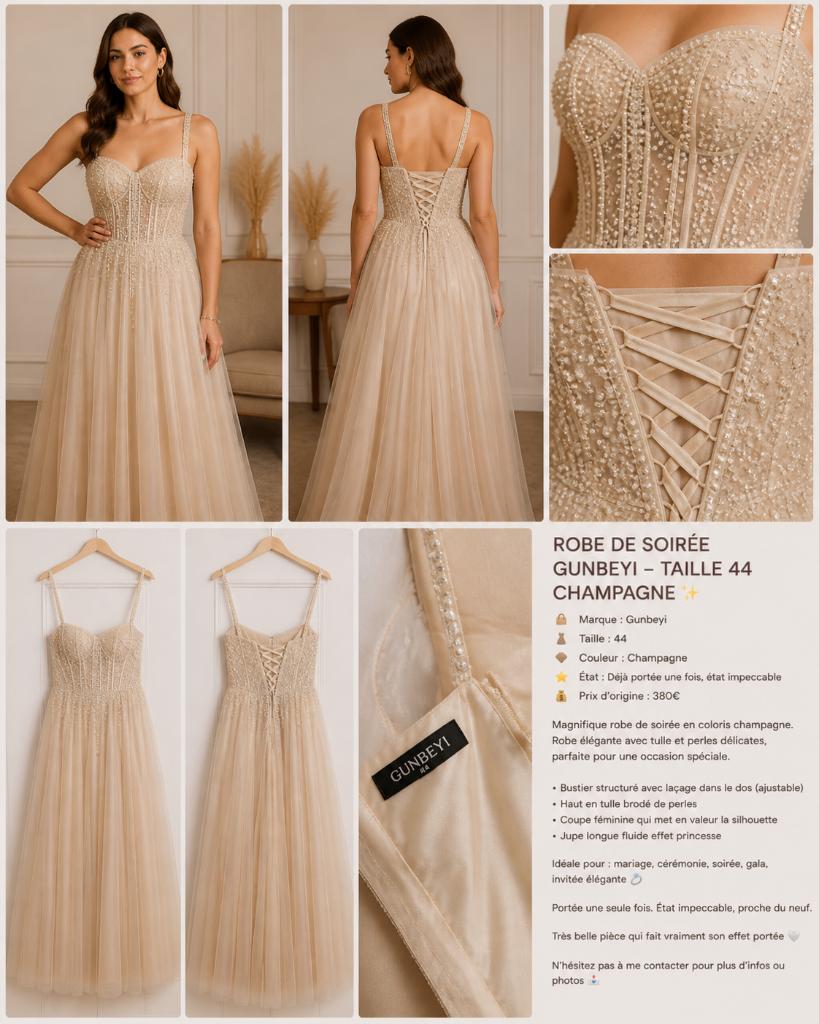 Robe longue cérémonie champagne perlée - T44 - dos lacé, Kleding | Dames, Trouwkleding en Trouwaccessoires, Overige kleuren, Zo goed als nieuw