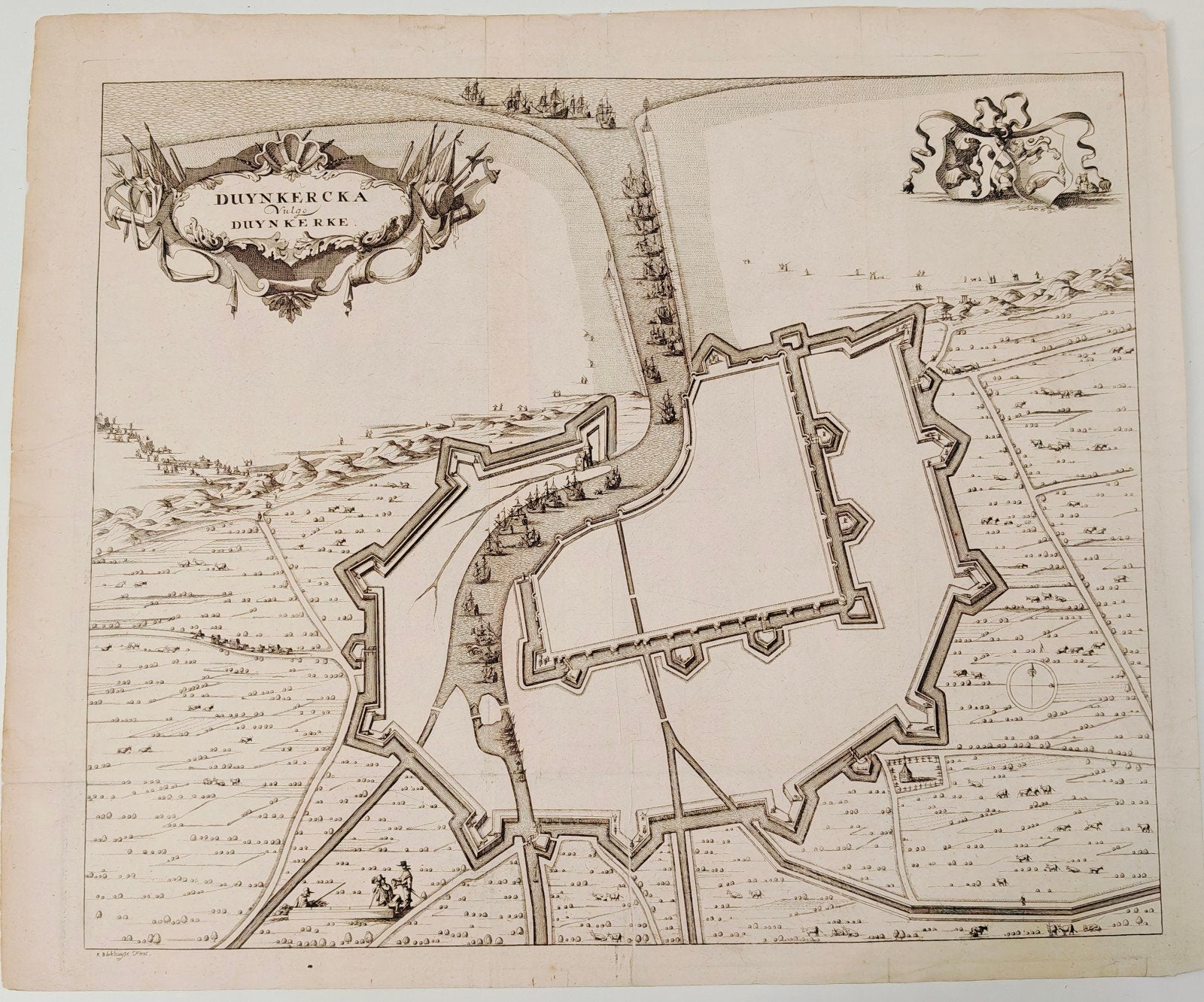 Antieke kopergravure Duynkercka vulgo Duynkerke, Antiek en Kunst, Ophalen of Verzenden