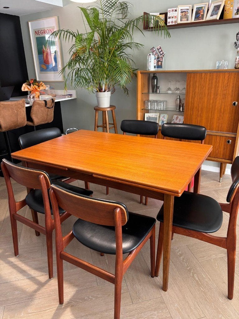 Houten eettafel, Deens midcentury, vintage design, Huis en Inrichting, Ophalen, Gebruikt, Teakhout, 50 tot 100 cm