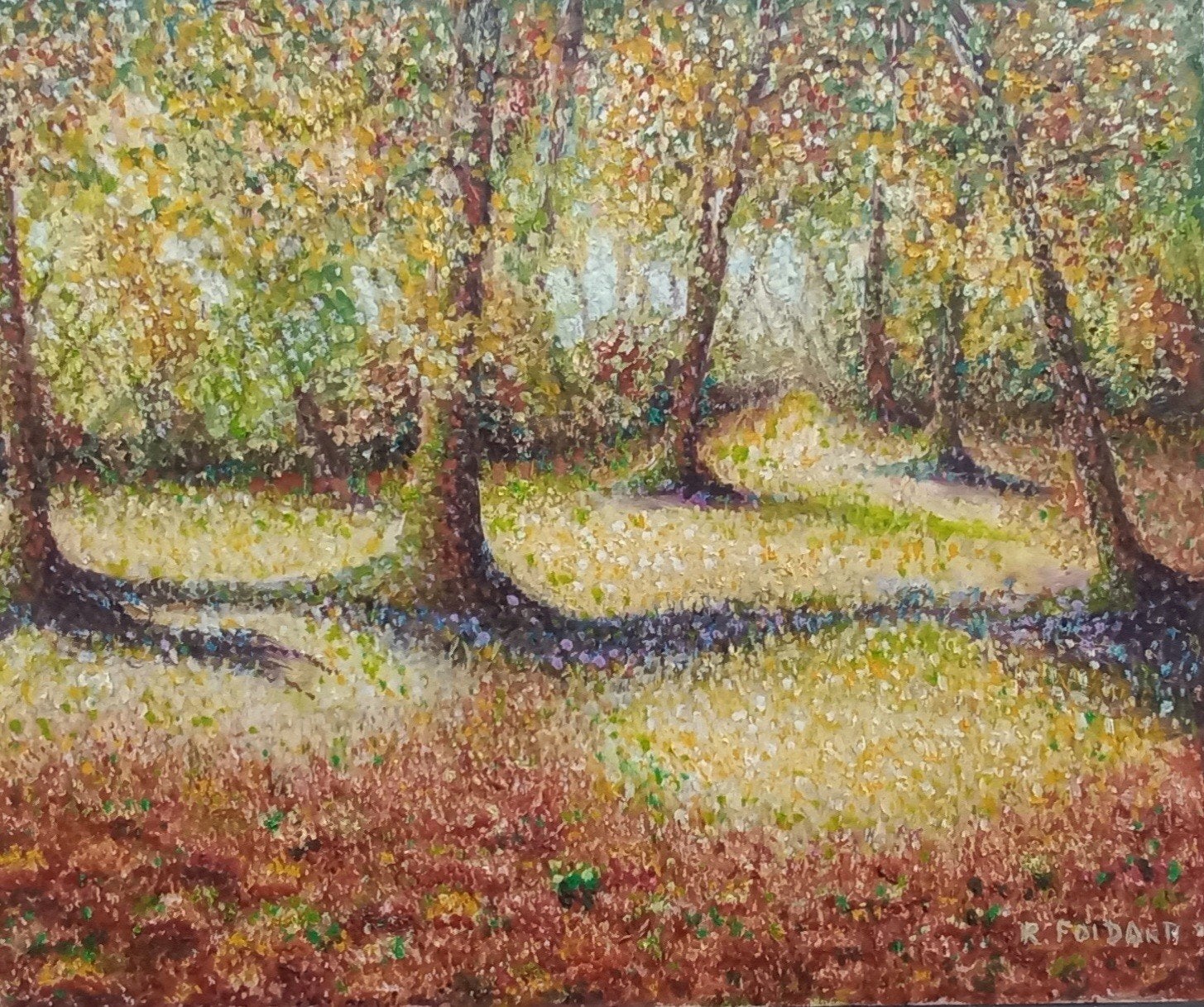 Heldere pointillistische verf op paneel., Antiek en Kunst, Kunst | Schilderijen | Klassiek, Ophalen of Verzenden, Paneel