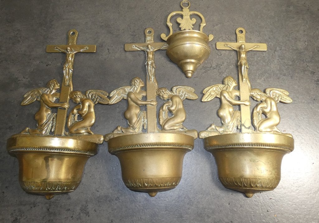 4x brons of messing wijwaterbakjes [1329], Antiquités & Art, Antiquités | Objets religieux, Enlèvement ou Envoi