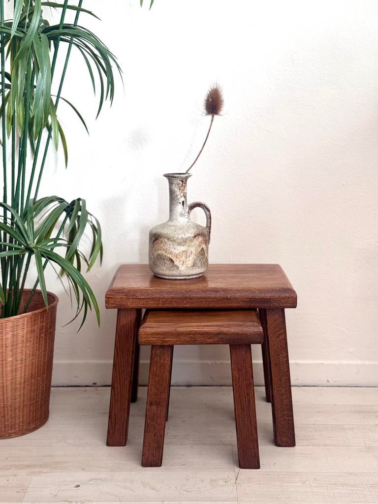 Set vintage brutalist bijzettafeltjes eiken jaren 70, Ophalen, Minder dan 45 cm, Minder dan 55 cm, Vintage brutalist