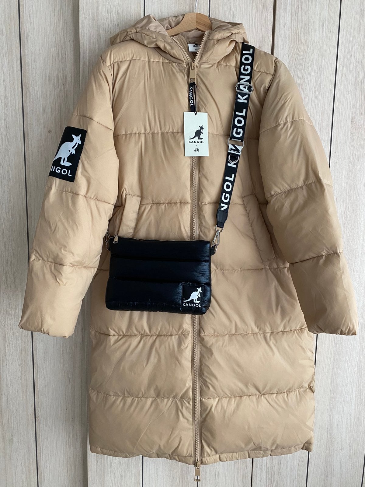 H&M x Kangol lange pufferjas + crossbody, nieuw, maat S =38, Ophalen of Verzenden, Nieuw, Maat 36 (S), Beige