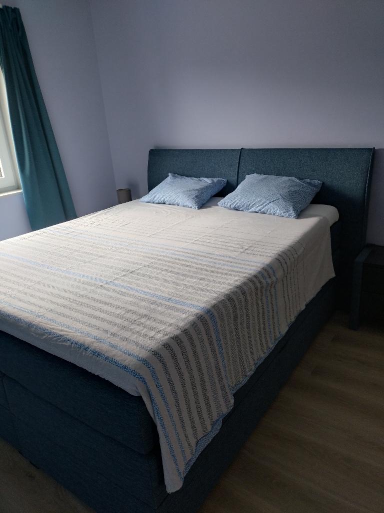 Complete set Mio Dormio boxspring 160x200 met opbergruimte, Ophalen, Blauw, Tweepersoons, Zo goed als nieuw
