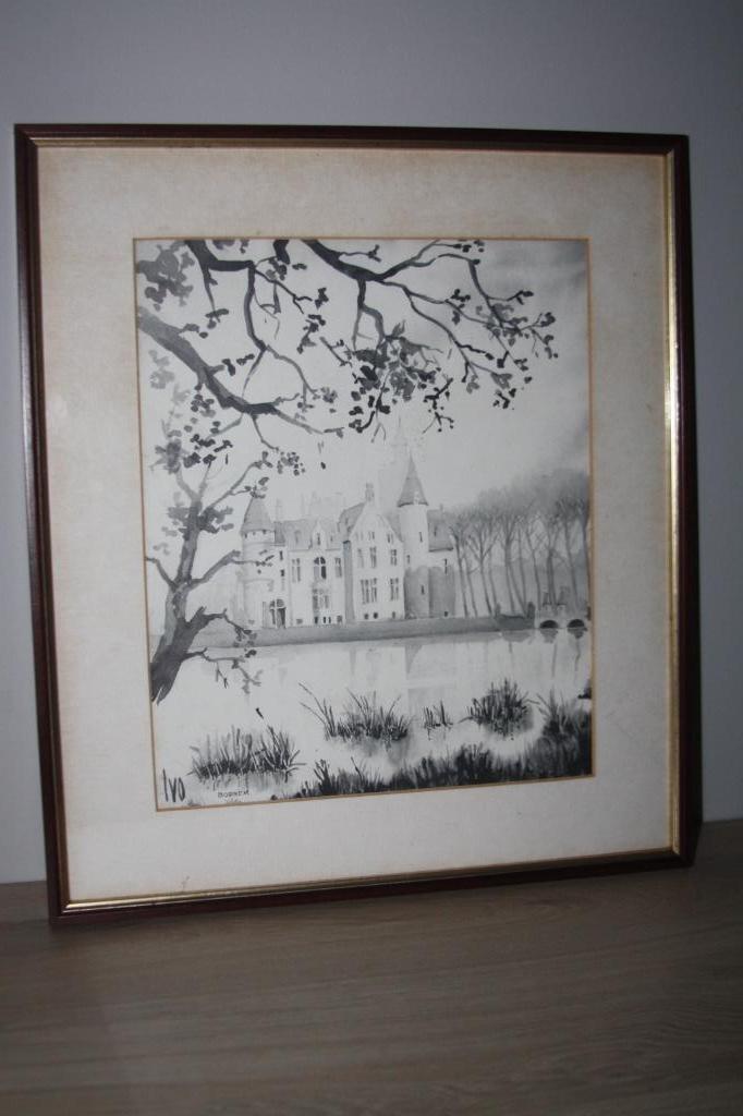 Originele oude aquarel op papier Ivo kasteel van Bornem., Enlèvement ou Envoi