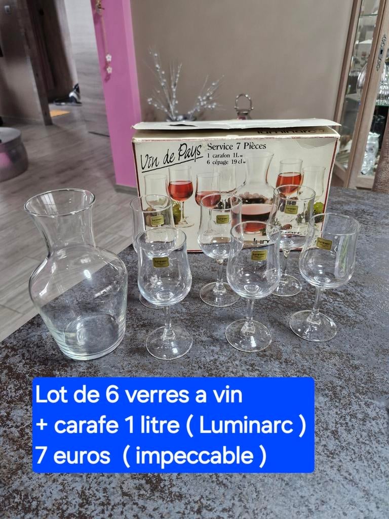 Lot de 6 verres a vin + 1 carafe 1 litre ( Luminarc ), Enlèvement ou Envoi, Comme neuf