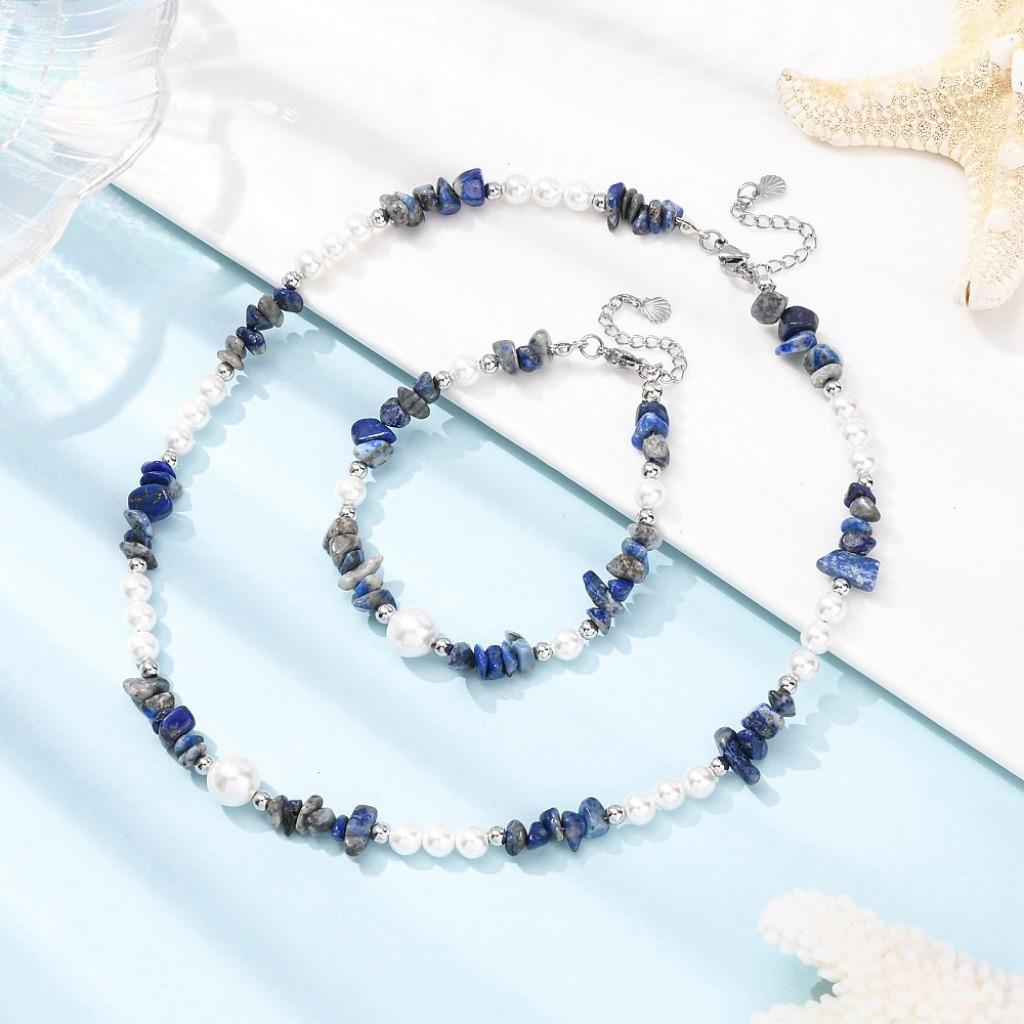 Ketting en armband van lapis lazuli en parels, Nieuw, Verstelbaar, Steen of Mineraal, Verzenden