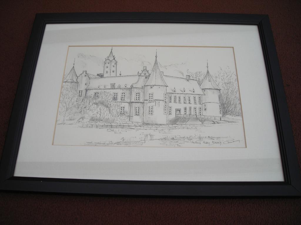 Ingekaderde pentekening "Kasteel Alden Biesen", Antiek en Kunst, Ophalen of Verzenden