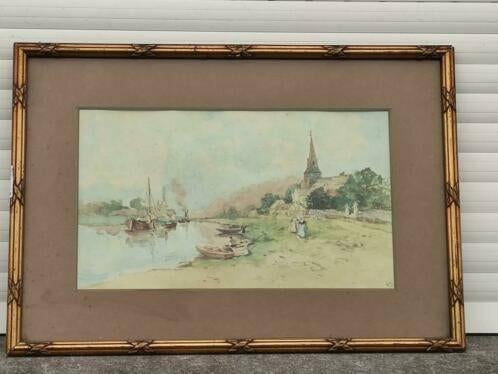 Aquarelle paysage monogramme r m 1910, Enlèvement ou Envoi