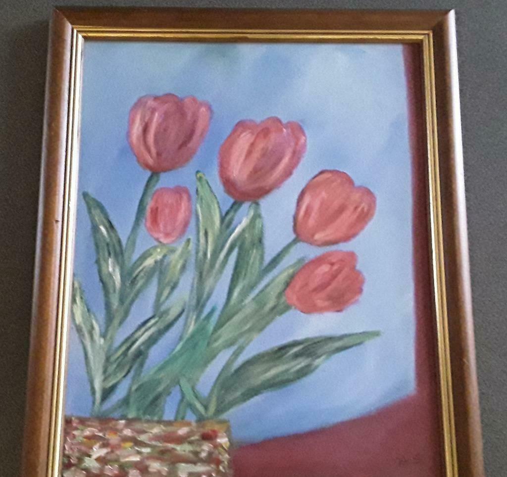 Schilderijtje met rode tulpen door A. S., Antiek en Kunst, Kunst | Schilderijen | Klassiek, Ophalen of Verzenden