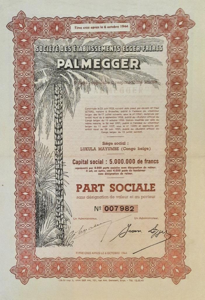 Société des établissements Egger-Frères - Lukula-Mayumbé -, Timbres & Monnaies, Actions & Titres, Envoi, 1950 à 1970, Action