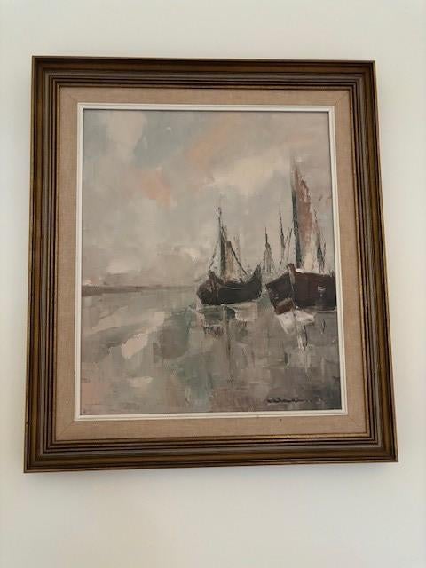 Schilderij – Zicht vanuit de Haven met Twee Boten, Antiek en Kunst, Kunst | Schilderijen | Klassiek, Ophalen