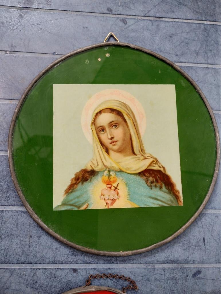 Maria onze Lieve vrouw glas rond kader, Antiek en Kunst, Ophalen of Verzenden