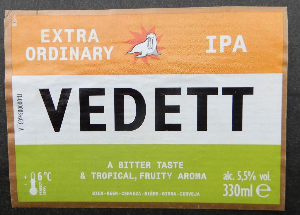 Bieretiket Vedett extra ordinary IPA Br Duvel Moortgat 11t1, Verzenden, Gebruikt, Duvel