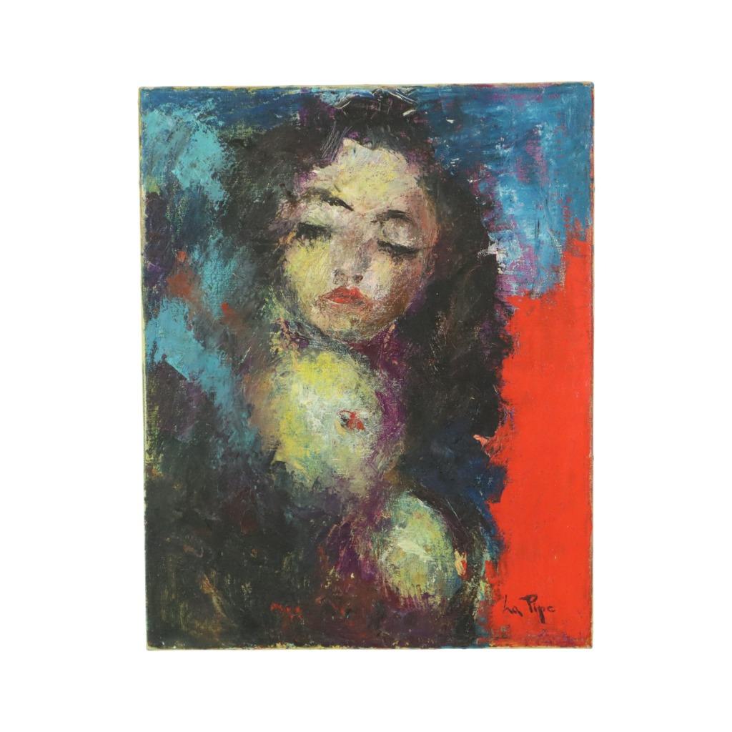 Vintage Abstract Schilderij op Doek Naakte Vrouw La Pipe, Ophalen of Verzenden