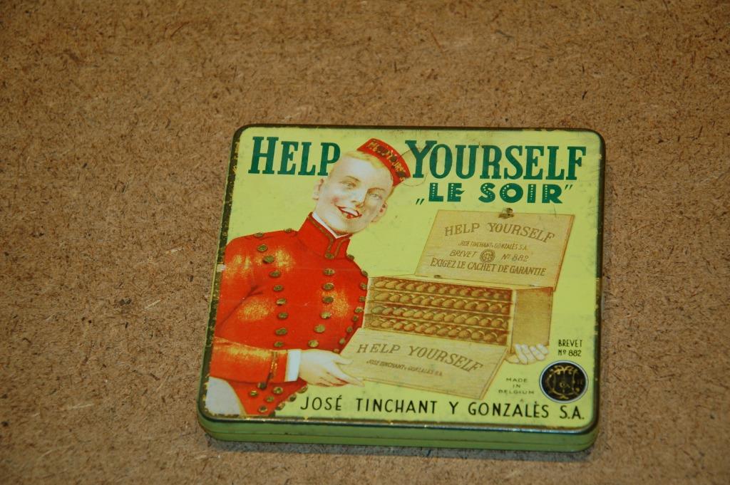 Oud blikken doosje sigaren - Help Yourself - LE SOIR, Verzamelen, Ophalen of Verzenden, Gebruikt, Tabaksdoos of Verpakking