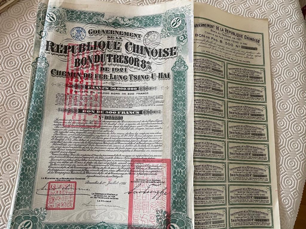 Chinese obligaties, aandelen van 1920,1921,1923, Ophalen of Verzenden, 1920 tot 1950, Obligatie of Lening