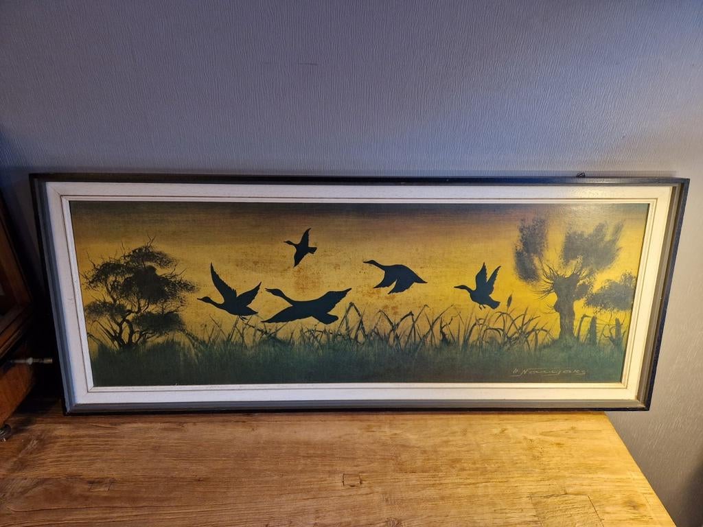 Vintage prent in kader zwanen in zonsondergang zonsopgang, Antiek en Kunst, Ophalen