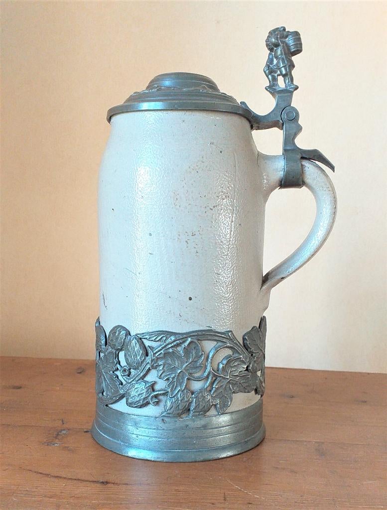 Ancienne chope d'un litre en grès d'Alsace et en étain, Enlèvement ou Envoi