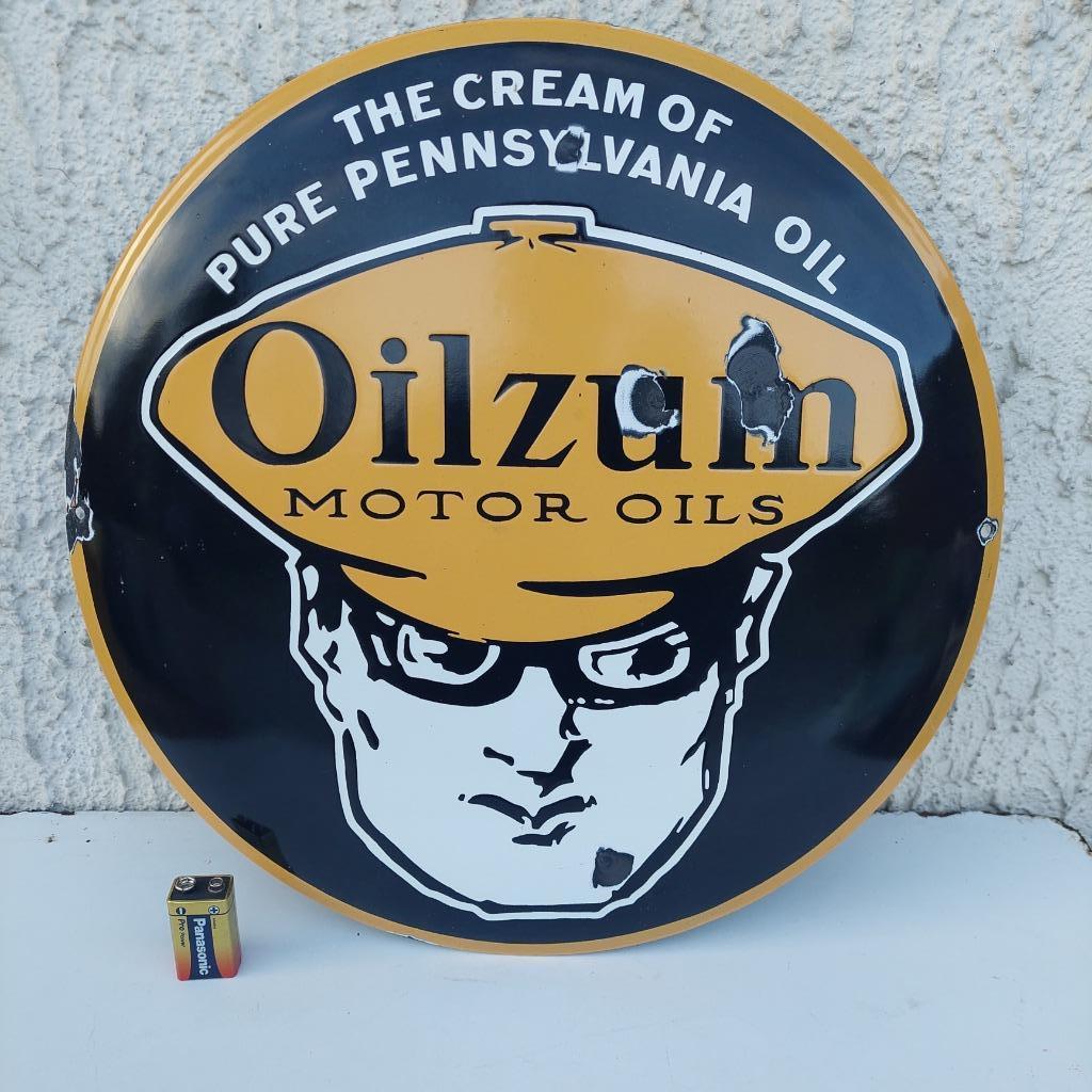 PLAQUE EMAILLEE OILZUM MOTOR OILS  PENNSYLVANIA USA BOMBEE, Collections, Marques & Objets publicitaires, Enlèvement ou Envoi, Utilisé