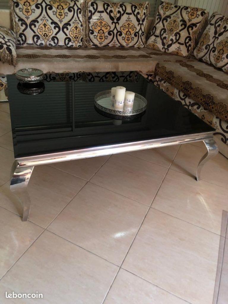 Table basse BAROQUE 110x110 cm argentée verre opale noir, 100 à 150 cm, Moins de 50 cm, Verre, BAROQUE