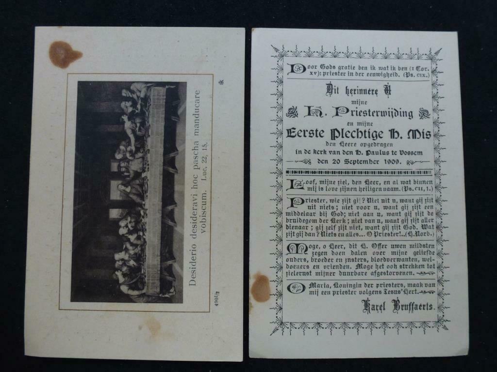 oud bidprentje h. priesterwijding Karel Bruffaerts  1909, Verzamelen, Verzenden, Bidprentje