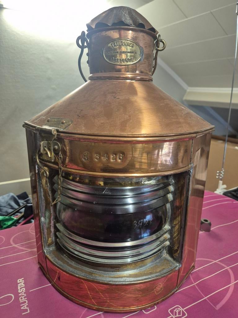 Bakboord en stuurboord roodkoperen petrol lamp.hoogte 43 cm., Ophalen, Zo goed als nieuw