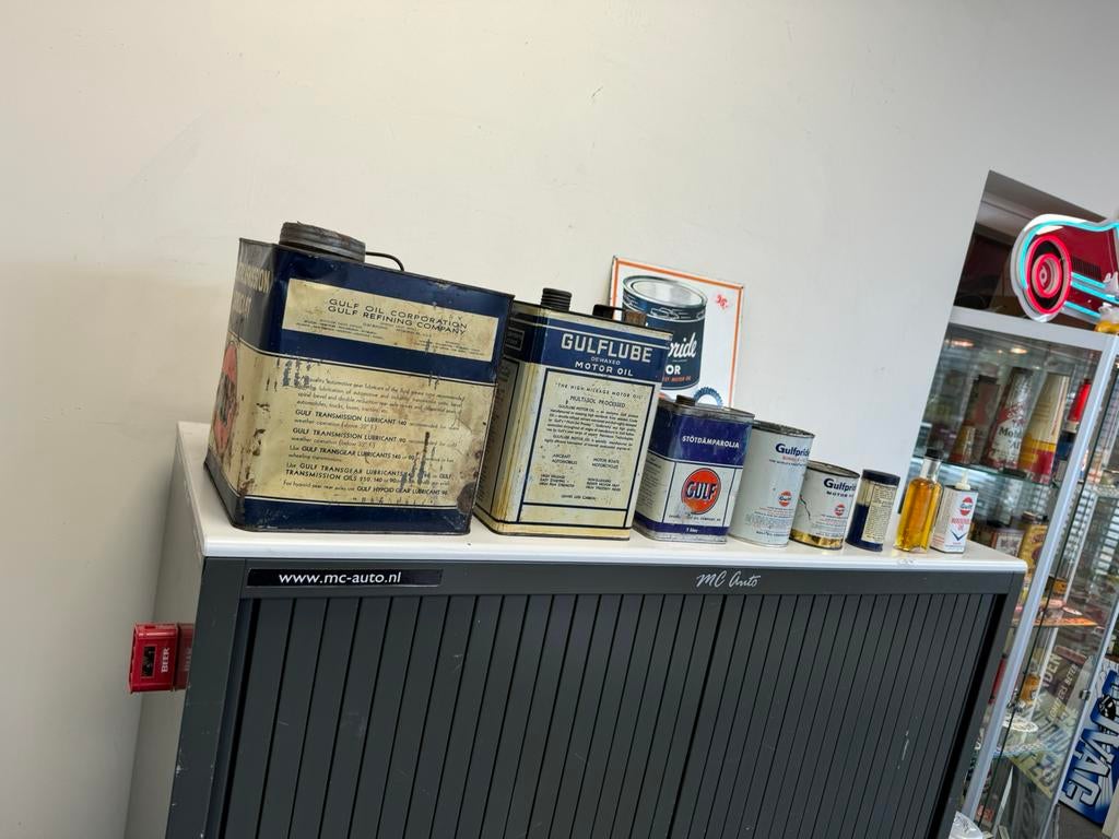 Anciens bidons d'huile GULF à vendre, Enlèvement ou Envoi, Utilisé, Emballage