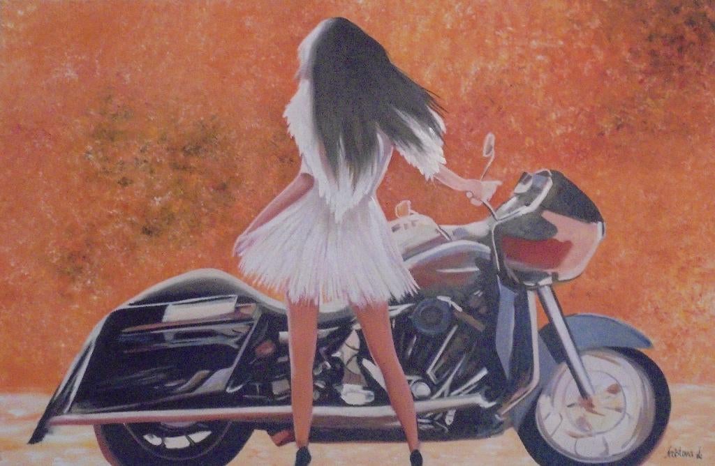 groot olieschilderij bikergirl harley davidson (75x115), Antiek en Kunst, Ophalen of Verzenden