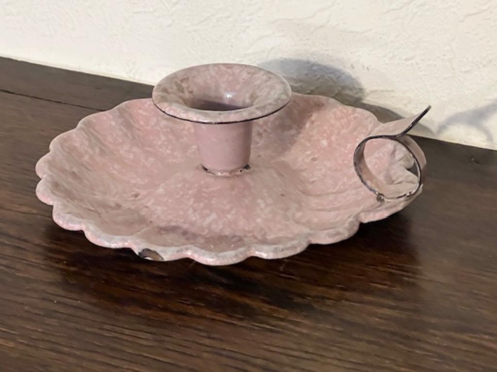 Vintage geëmailleerde kandelaar, kaarsenpan, roze, Antiek en Kunst, Ophalen