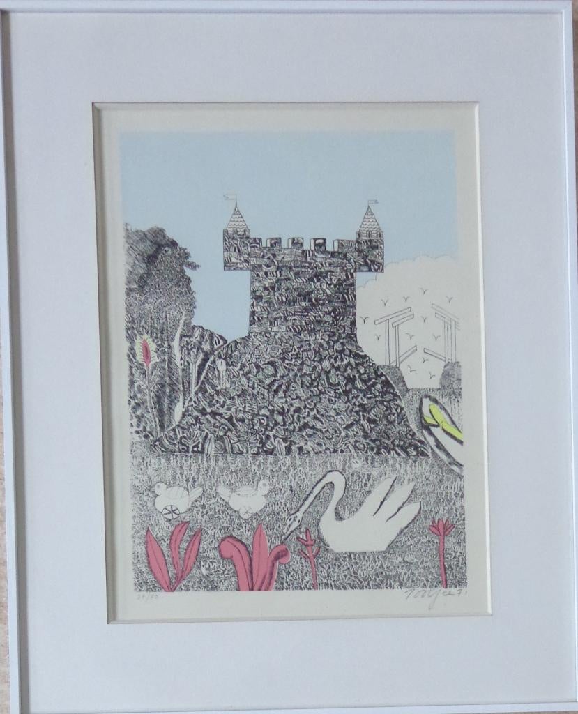 PJEROO ROOBJEE / KASTEEL ZWANEN / KLEURLITHO / 68x55cm KADER, Enlèvement ou Envoi