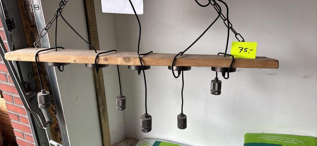 houten lamp met 5 armaturen. handgemaakt, Ophalen, Rijkevorsel, Glas, Ma.pec