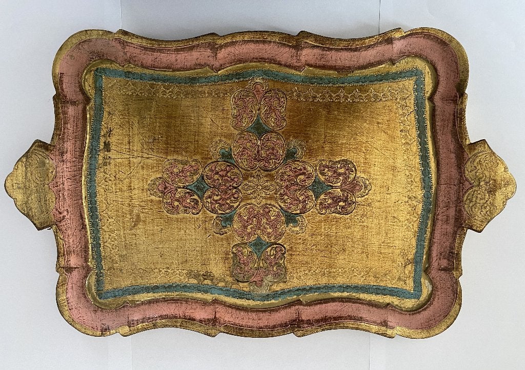 Vintage Florentine groot dienblad roze/goud Italië, Ophalen, Gebruikt, Dienblad, Rechthoekig