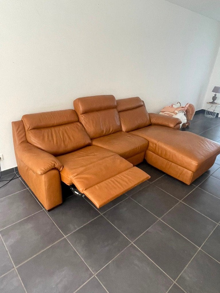 Electrische Lederen zetel /fauteil +electrische Chaise Long, Trois personnes, 100 à 125 cm, 250 à 300 cm, Comme neuf